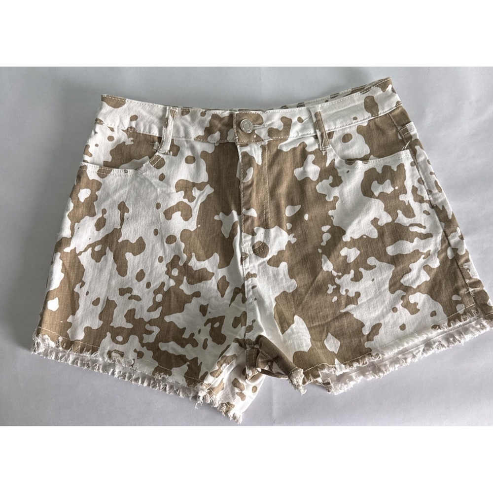 Wisteria Lane Cow Print Farm Animal Denim Jean Booty Shorts Brown Western Large